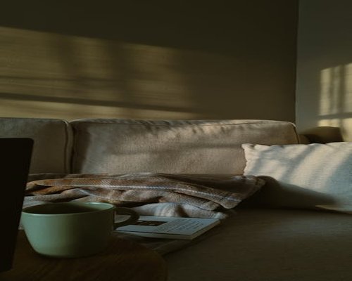 A relaxed domestic living room environment illuminated by soft natural morning light